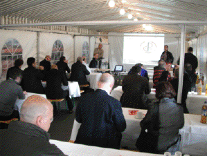 people standing around stamped product samples 2